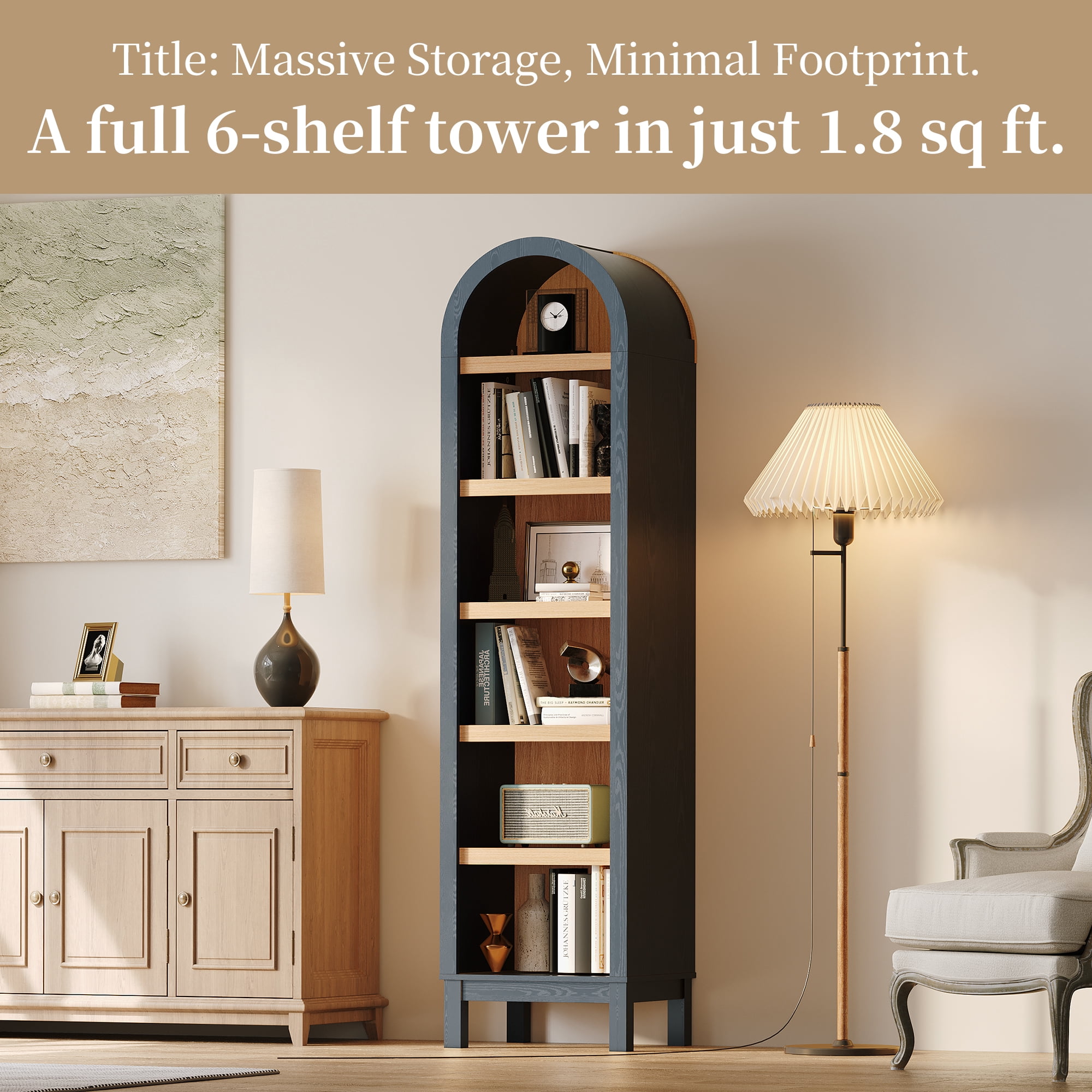 Kromapolis 6-Tier Arched Storage Bookcase with 2 Adjustable Shelves,Narrow Wood Bookshelf Open Display Shelves for Living Room,Entryway,Bedroom,Rich Black and Light Honey,Assembly Require
