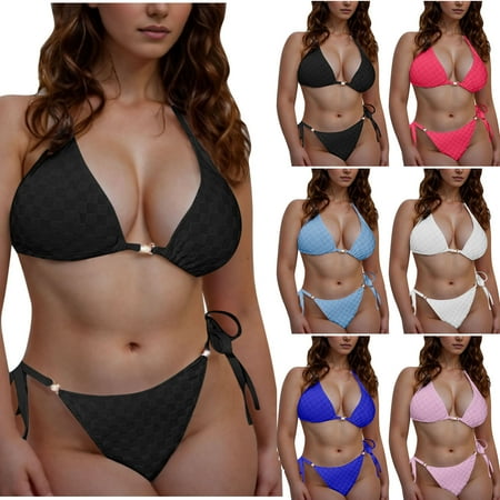 Feancey Side Tie Bikini Sets for Women Triangle String Halter Two Piece Bathing Suits 2025 Summer Fashion Plus Size Swimsuit 2 Piece Summer Sales Clearance White M