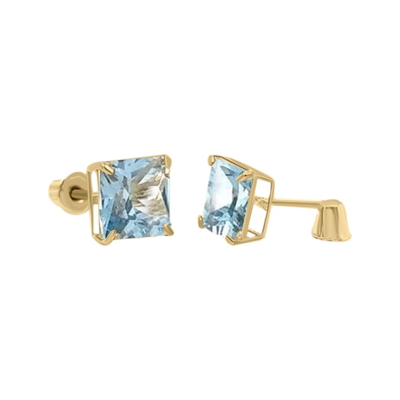 14K Yellow Gold 4mm Princess Cut Birthstone Gemstone Secreback Earrings Women Jewelry
