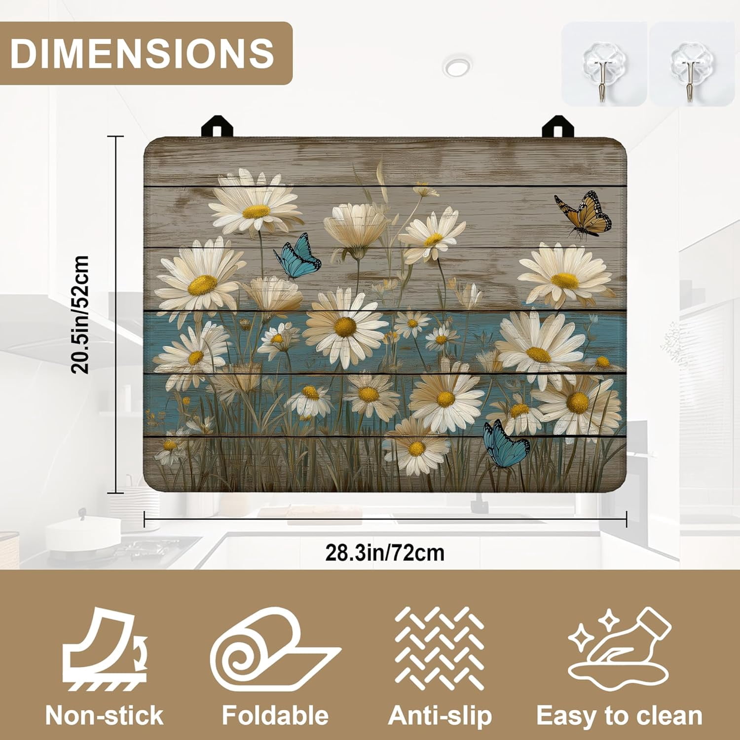 Vintage Daisy Butterfly Electric Stove Top Cover Protector,Rustic Wooden Heat Resistant Glass Top Stove Oven Induction Cooktop Mat with Rubber for Kitchen Top Covers 28.5“ x 20.5“
