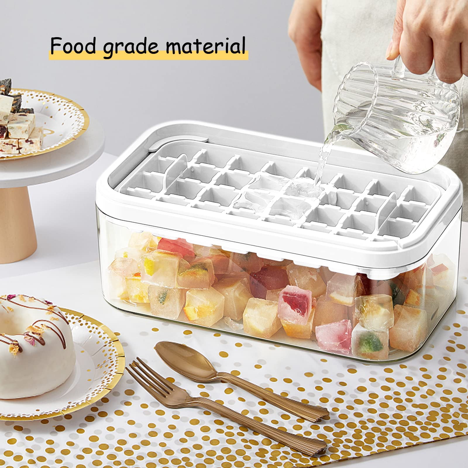 Ice Cube Tray With Lid And Bin  2 Pack For Freezer 64 Mold (white)