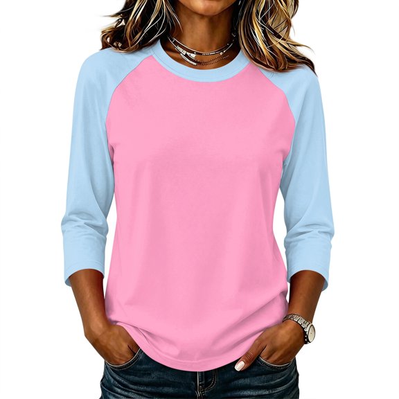 Womens Tops 3/4 Sleeve Shirts Round Neck Loose Casual Tshirts | Color Block Summer Tees,L