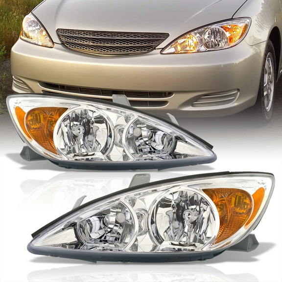 AJP Distributors Chrome Housing Clear Lens Amber Reflector Signal Headlights Headlamps Driving Bumper Head Lights Lamps Assembly LH   RH Compatible/Replacement For Toyota Camry 2002 2003 2004 02 03 04
