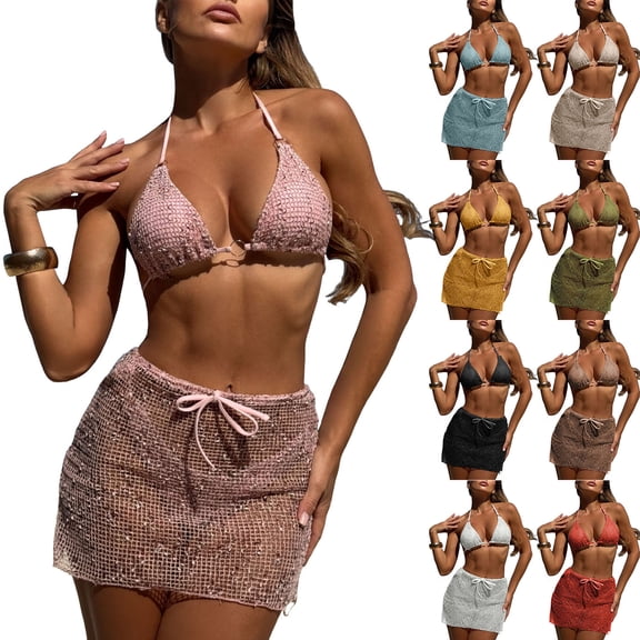 GEWSEY Women's 3 Piece Swimsuits Halter Triangle Crochet Bikini Sets with Cover Up Skirt (Black, M)