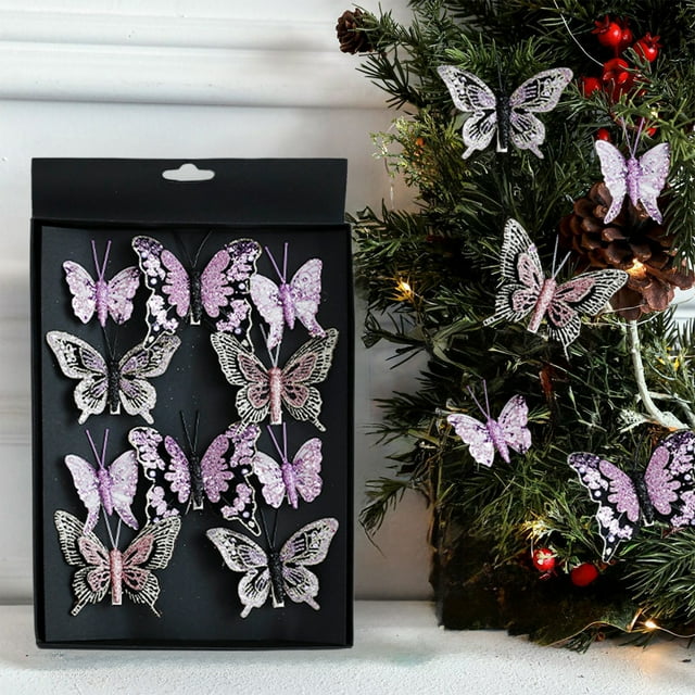 Adornos Navideños de Mariposas Coloridas con Clip | Colgantes de Mariposas Artificiales con Purpurina Hueca | Paquete de 10 Adornos Navideños Ligeros para Árboles, Repisas y Exhibiciones Festivas
