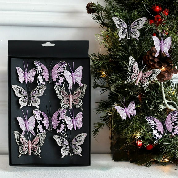 Linnome Colorful Glitter Butterfly Christmas Ornaments, Hollow Design Clip-On Tree Decorations with Sparkling Finish