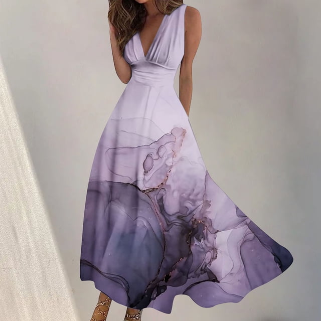 Fankiway Robe Longue Sans Manches à Col en V Imprimée Mode Printemps/été pour Femmes Robes de Plage Grande Taille pour Femmes