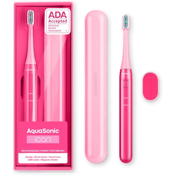 AquaSonic Icon Slim Electric Toothbrush - For Adults and Kids, Magnetic Holder, Travel Case, Rechargeable (Electric Pink)