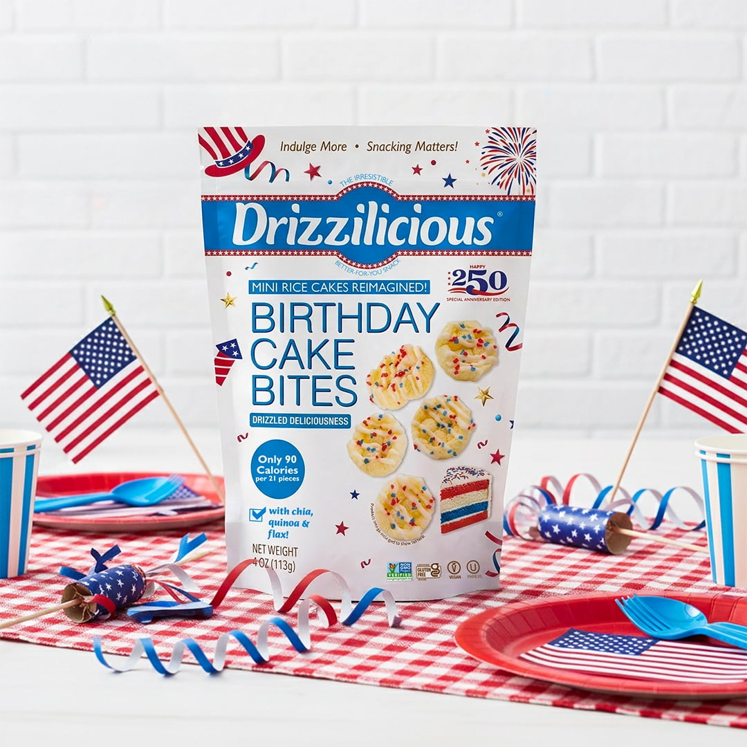 Drizzilicious Mini Rice Cakes, Birthday Cake America’s 250th Anniversary Edition, Gluten Free Rice Crisps Snacks, 4-Pack