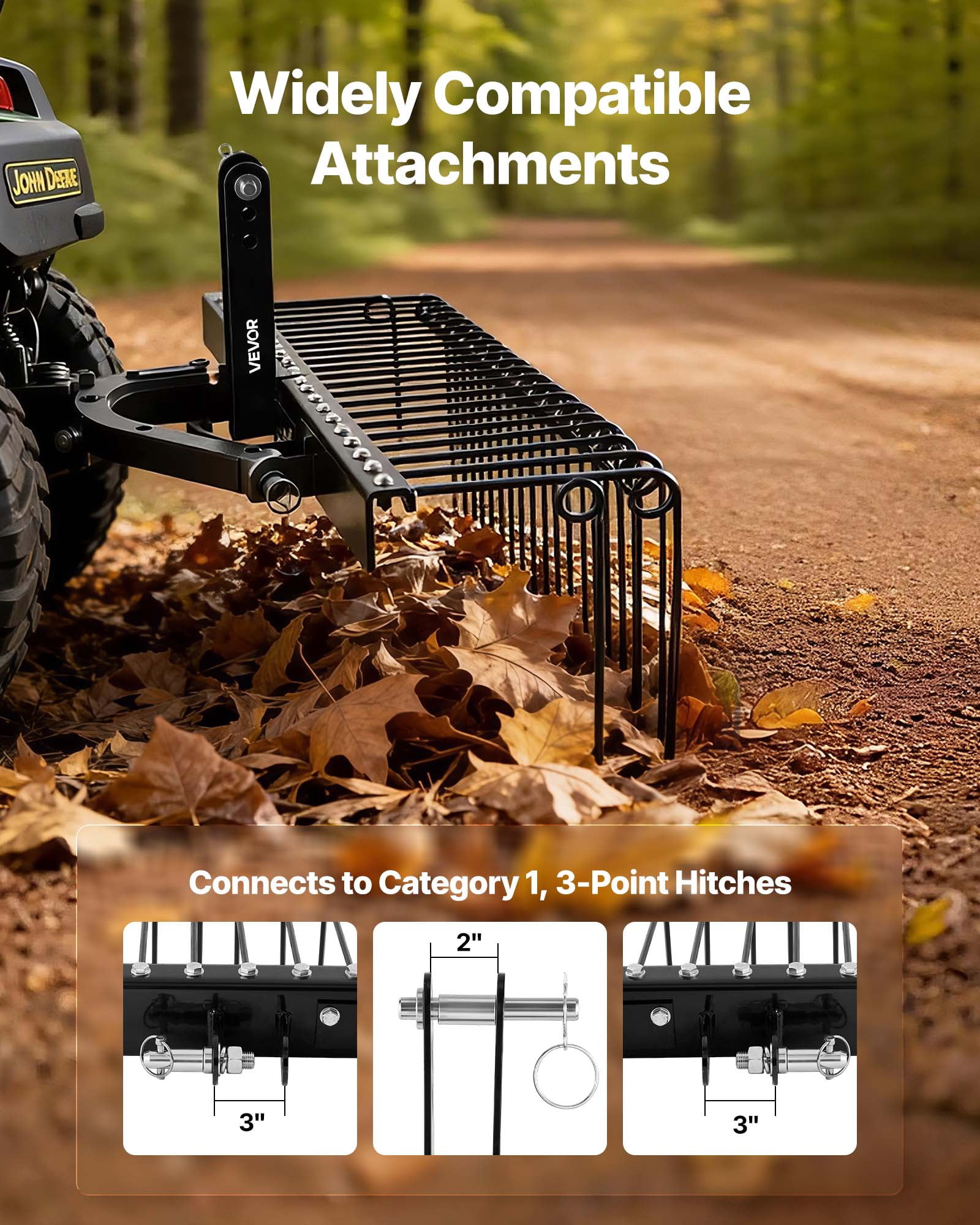 VEVOR 60 in Tow Behind Landscape Rake, 3 Point Hitch Lawn Dethatcher Rake,26 Spring Steel Tines, for Category 1 Tractors, Heavy Duty & Rust-Resistant Rakes Tractor Attachments for Leaves Pine Needles