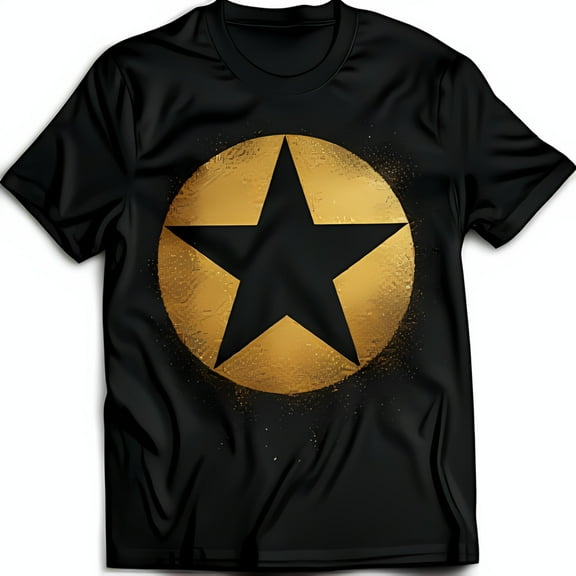 Stylish Black T-Shirt with Gold Speckled Circle & Black Star Graphic