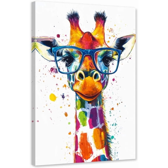 ZHONGYUTONG Colorful Giraffes Canvas Animals with Glasses Wall Art Cute Animal Pictures Funny Giraffes Painting for Kids Decor Framed (12.00" x 18.00")