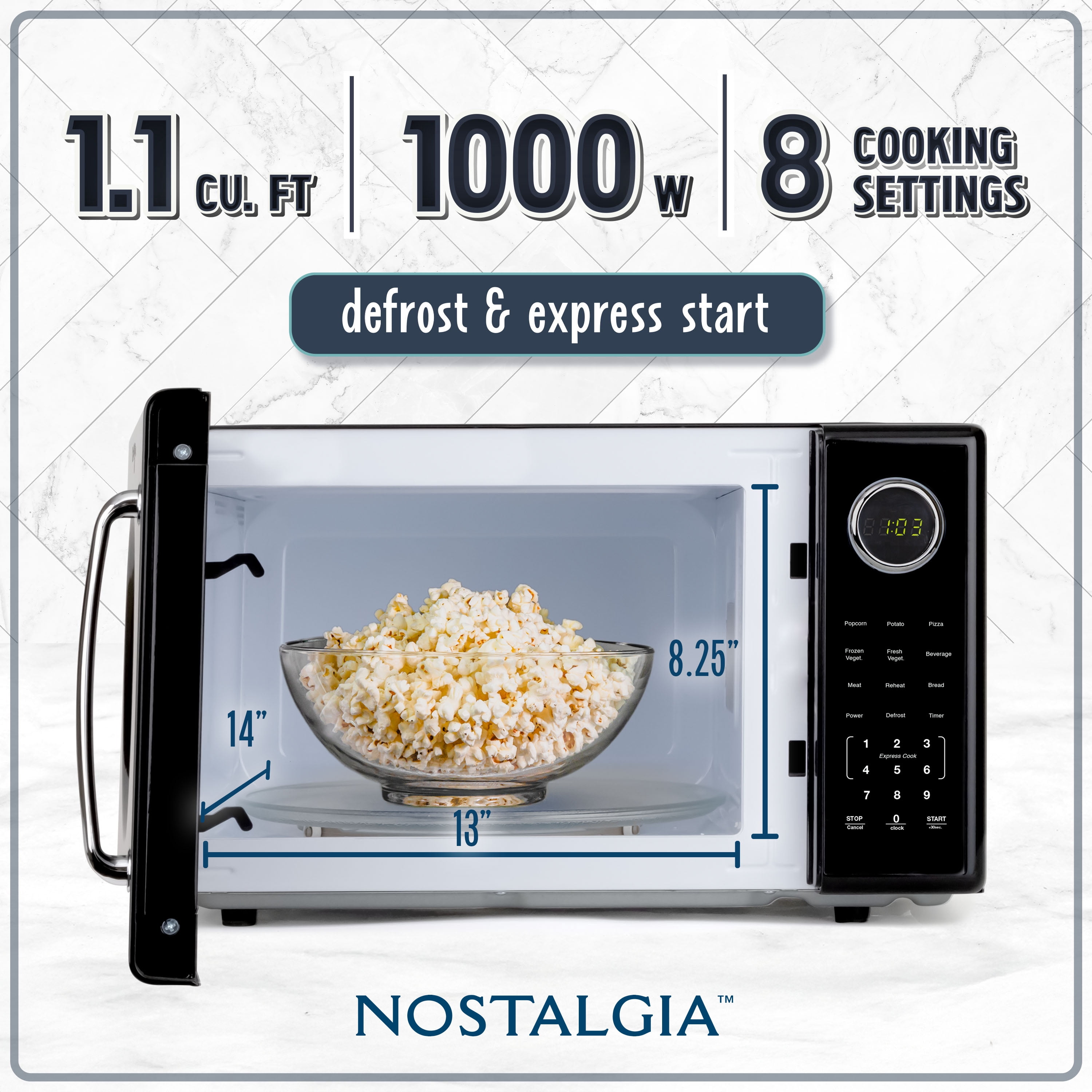 Nostalgia 1.1 cu ft Retro Microwave Oven, 1000W Countertop Microwave Oven with 8 Auto Cook Programs, Black