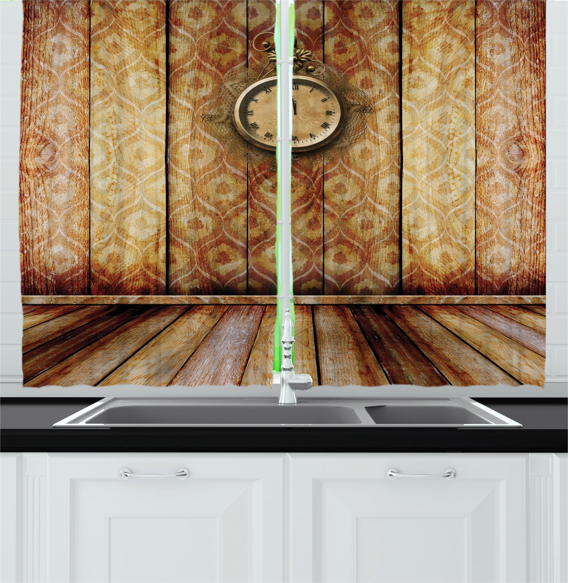 Victorian Kitchen Curtains, Antique Clock on Medieval Style Wall Wooden ...