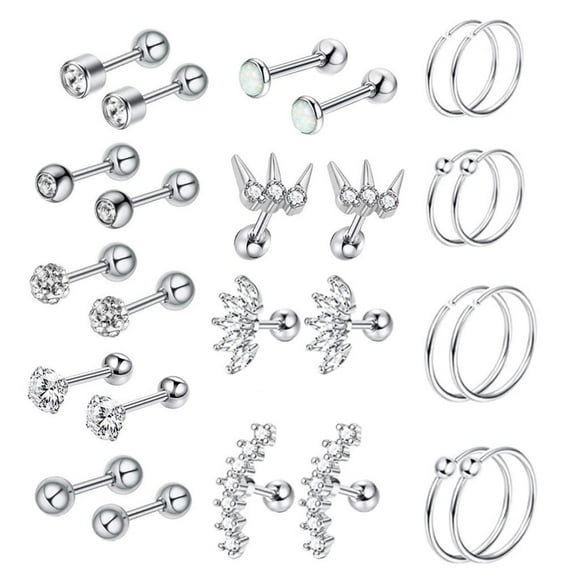 Aretes Zulema 13 pares 16G CZ Hipoalergénicos Tono plateado