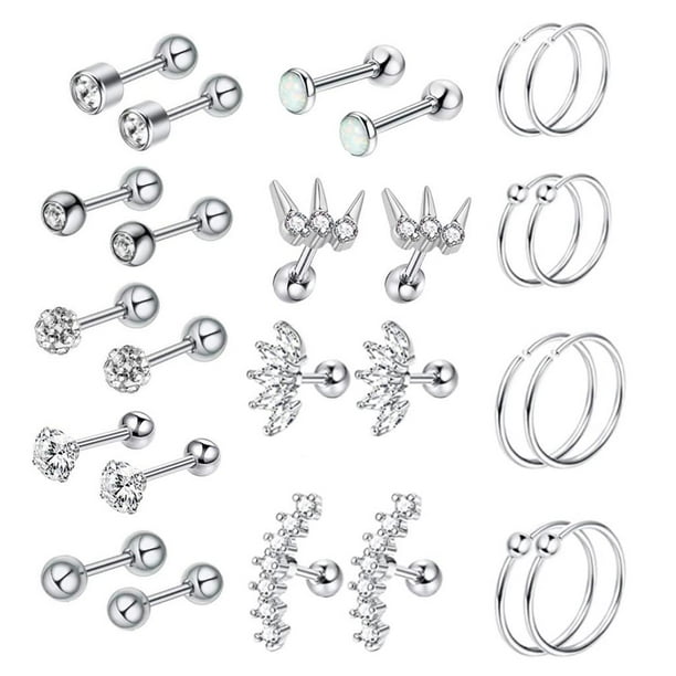 Aretes Fernando 13 Pares 16G CZ Barra Hipoalergénica Acero Inoxidable Tono Plateado 26 Piezas