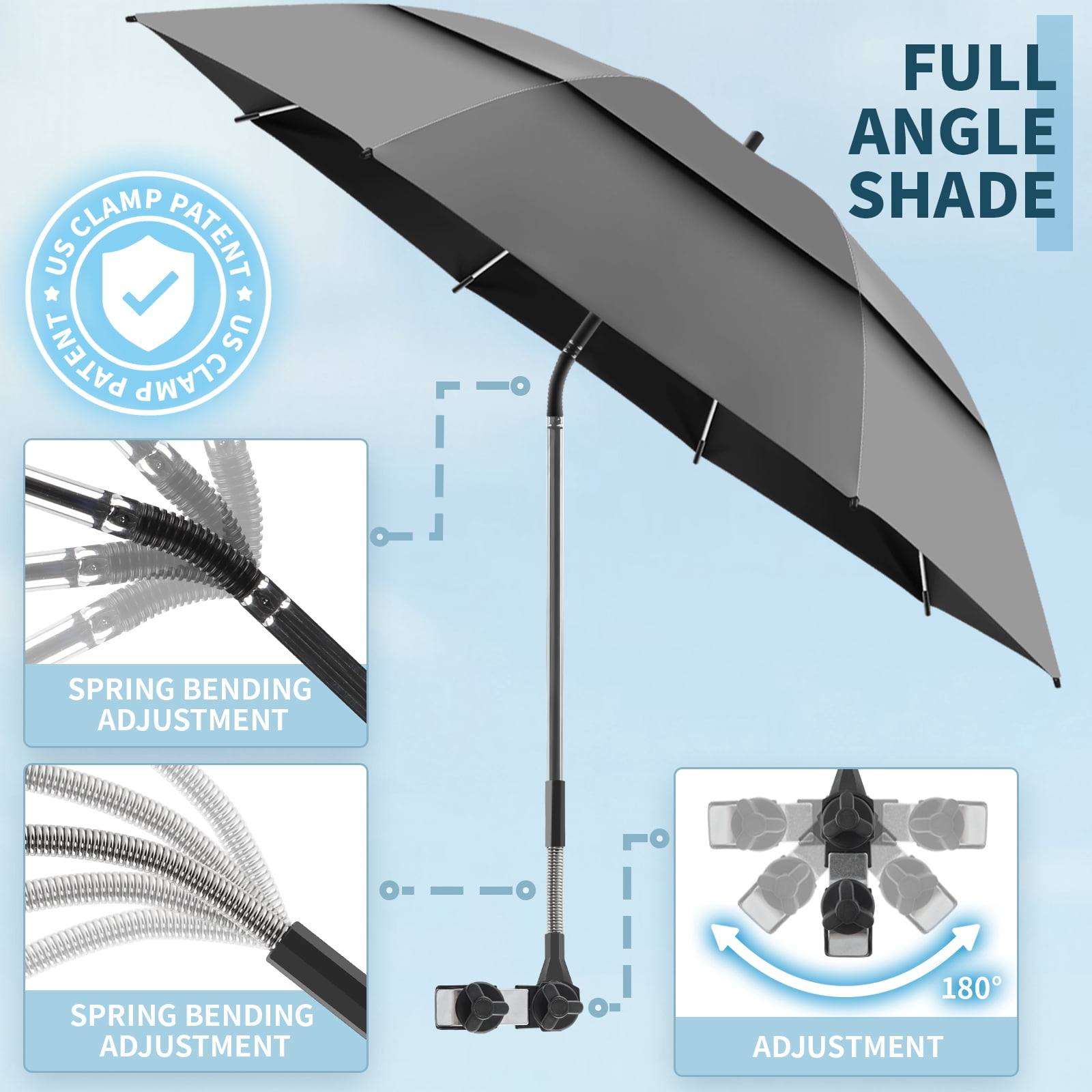 2 Pack 48.6" Double Canopy Umbrella with Clamp, UPF50+ Beach Chair Umbrella with clip, 360°Adjustable Portable Outdoor Wheelchair, Patio, Golf Carts,Camping(Grey, Not Include Chair)