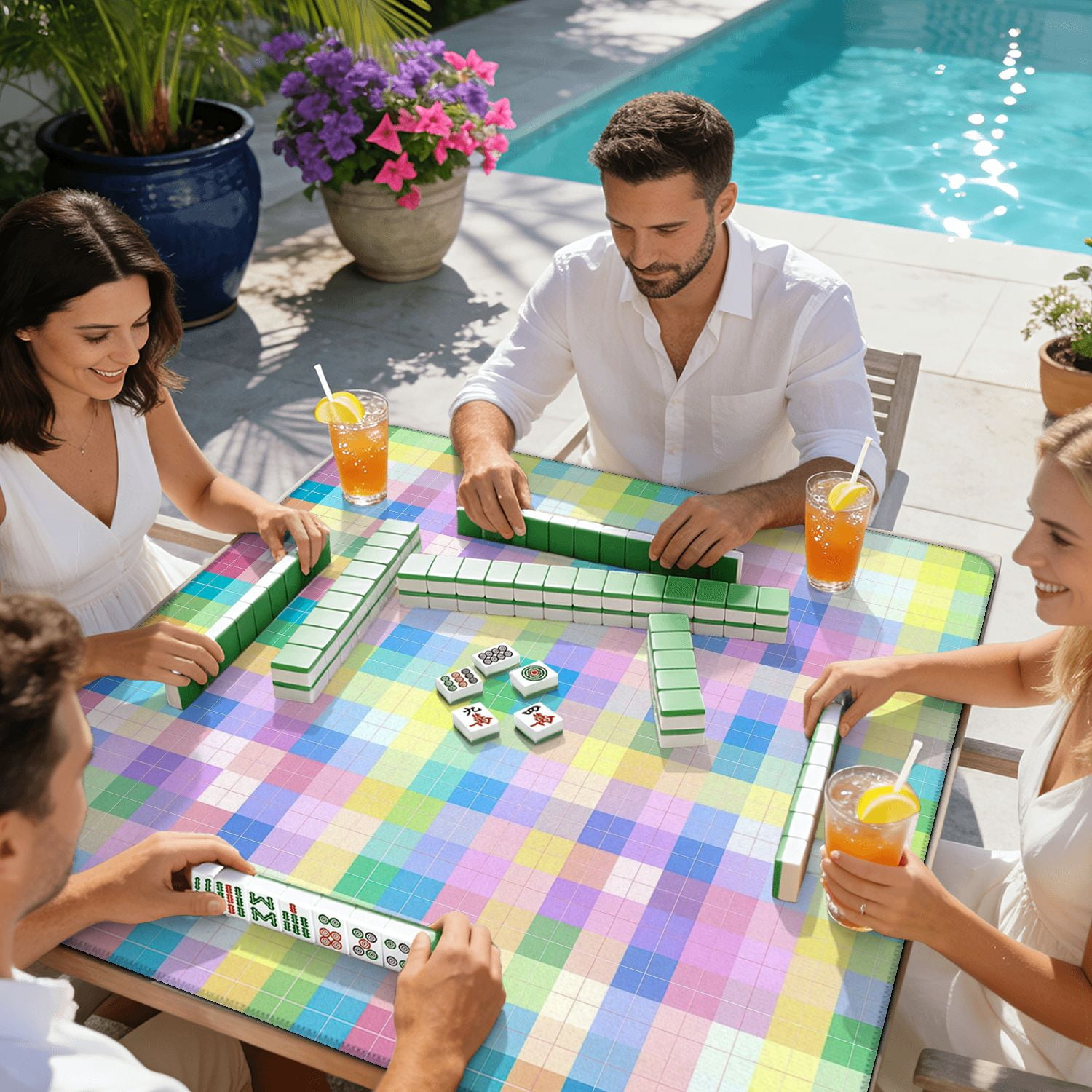 Mahjong Mat 31.5" x 31.5" Pastel Colorful Abstract Pixel Art Non-Slip Noise Reduction American Mahjong Tiles Table Cover for Dominoes Poker Card Board Games Gift