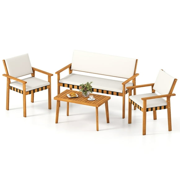 Gymax Set of 4 Wood Furniture Set w/Coffee Table Seat Back Cushions for Backyard Porch White