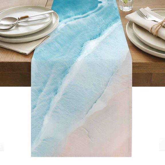 Blue Coastal Wave Table Runner - 120 Inch Long, Kitchen Dining Table Runner Dresser Scarves, Summer Modern Ocean Beach Farmhouse Decor for Coffee Tables Wedding Party Banquet