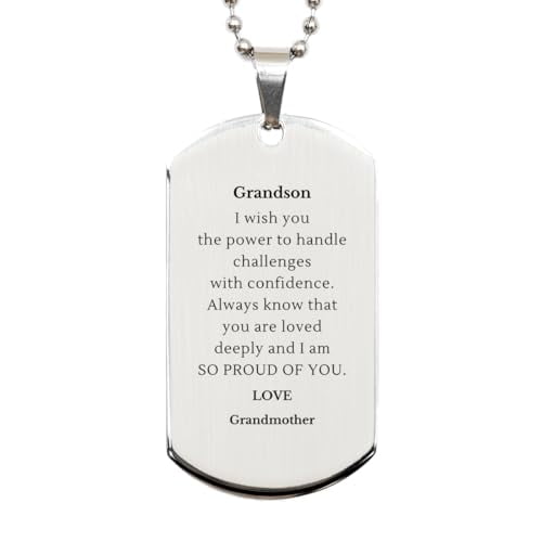 Amangny Grandson Silver Dog Tag Engraved with Love and Confidence for Graduation and Birthday Gifts from Grandmother