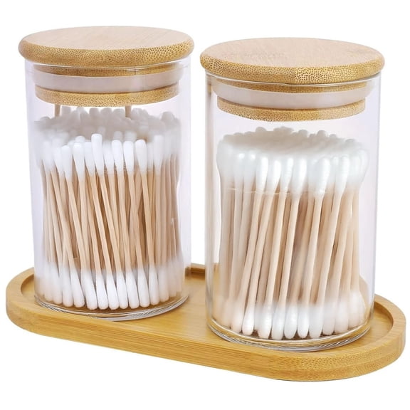Cotton Swab Jars with Tray, Glass Cotton Swab Jar Set with Wooden Lids and Tray, Clear Bathroom Apothecary Jars for Cotton Balls, Cosmetic Cleaning Swabs Containers for Vanity Countertop