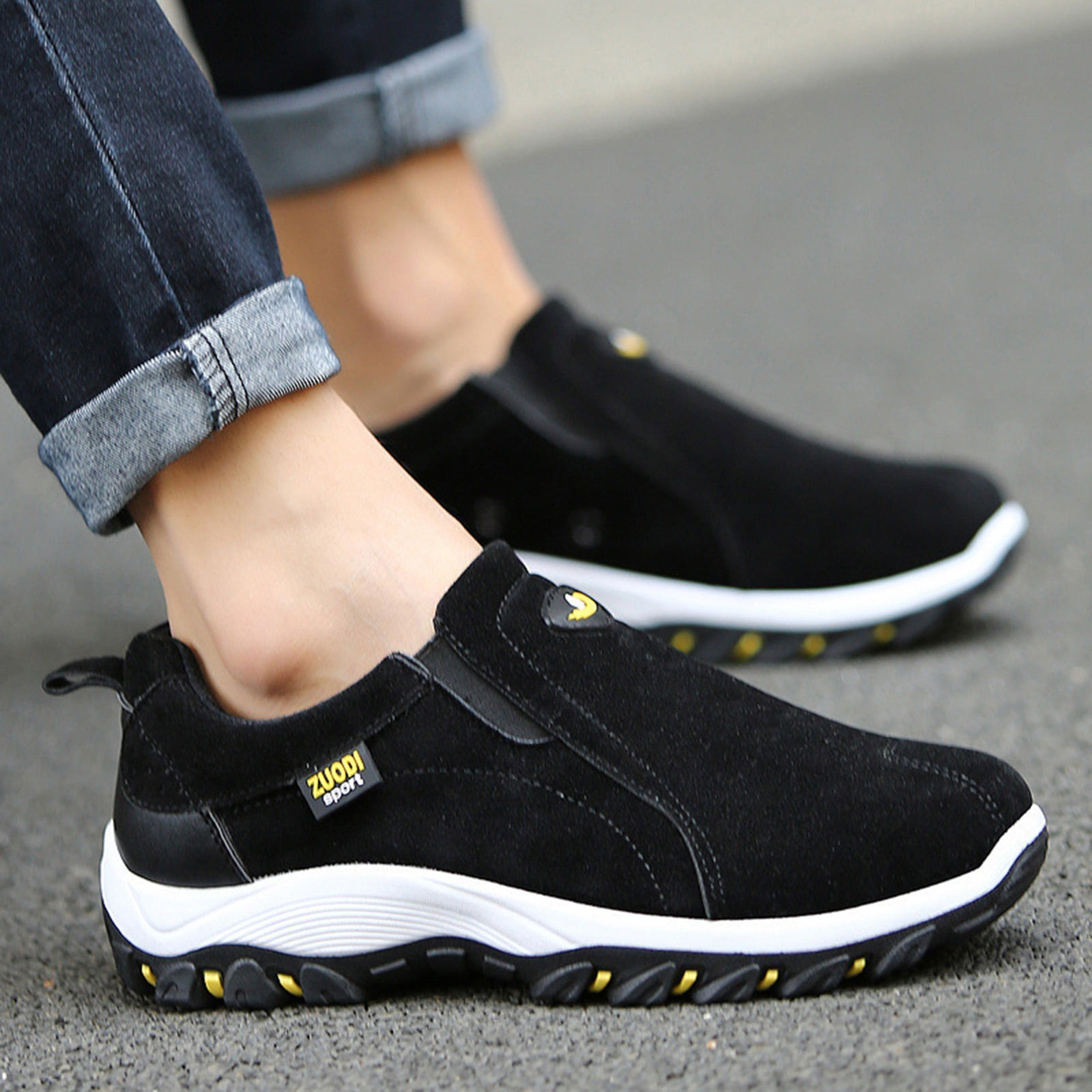 Dakaela Men's Slip on Loafer Walking Shoes Leather Wide Hiking Sneakers Trekking Casual Shoes Black 10.5