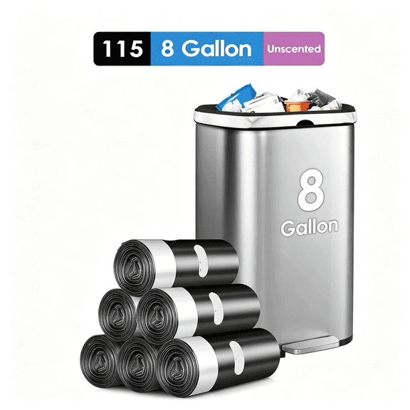 BPPEG 8 Gallon 115 Counts Strong Drawstring Trash Bags Garbage Bags By,Bathroom Trash Can Bin Liners,Plastic Bags for Home Office Kitchen,8 Gallon Trash Bags,Black