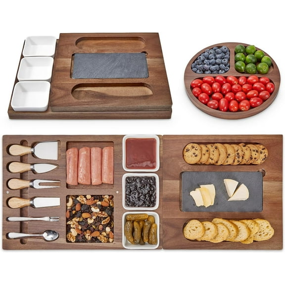 Acacia Charcuterie Boards and Knife Set, (27.6" x 11") Magnetic Extra Large Cheese Board Set with 3 Bowls & Marble Cutting Slate & Fruit Tray, Cheese Platter, House Warming Gifts