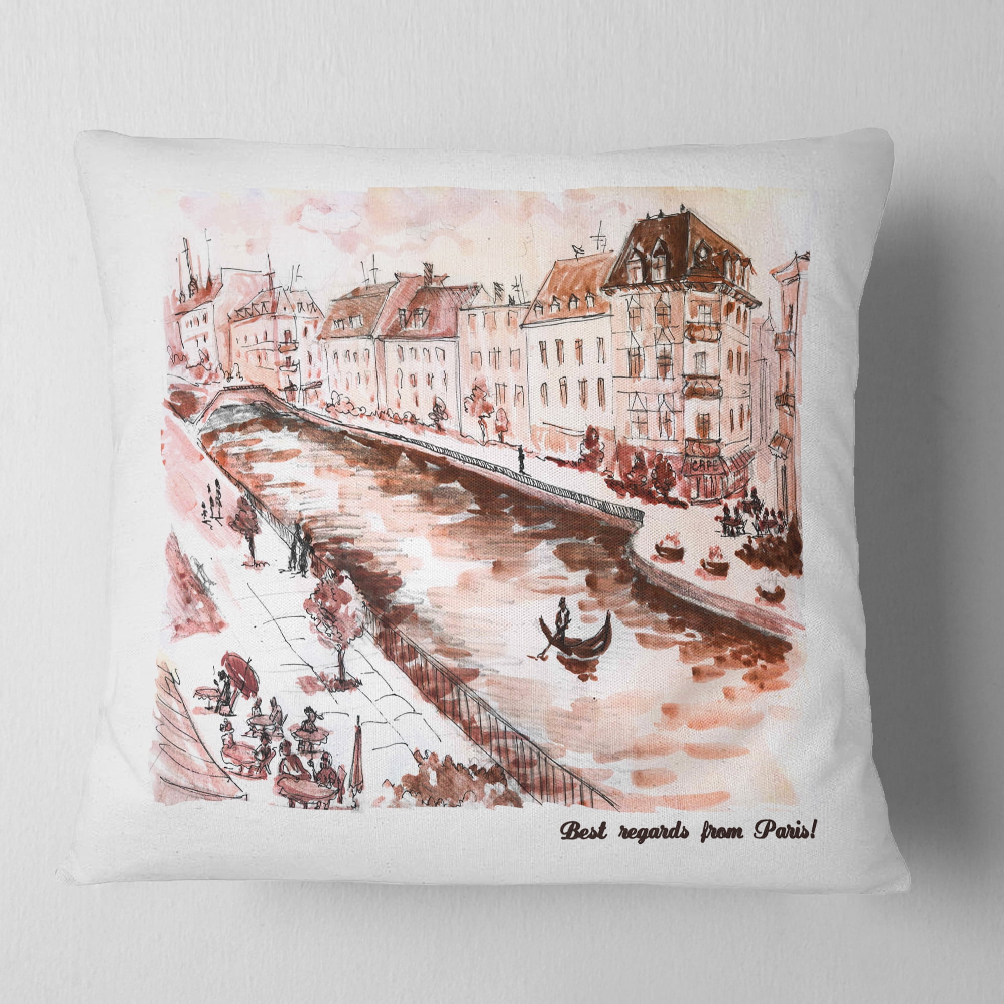Designart Sepia Hand Drawn Sketch of Paris - Cityscape Throw Pillow - 16x16