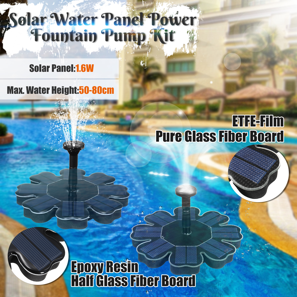 Floating Solar Power Water Fountain, 1.6W 8V Solar Panel Water Floating