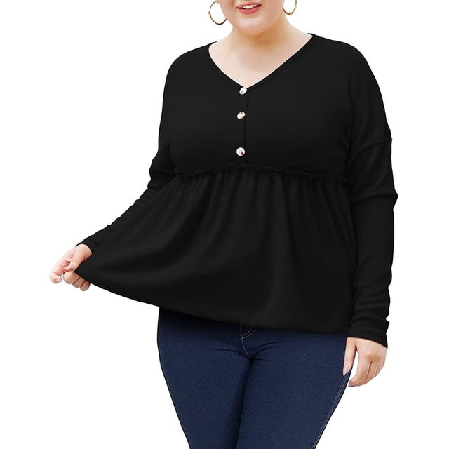 Womens Long Sleeve L-5X Plus Size Waffle Knit Tunic Tops Button Up V Neck Loose Fit Henley Tshirt