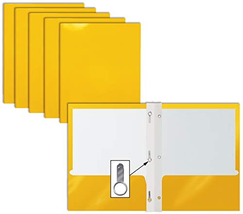 2 Pocket Glossy Yellow Paper Folders with Prongs, 25 Pack, by Better Office Products, Letter Size, High Gloss Yellow Paper Portfolios with 3 Metal Prong Fasteners, Box of 25 Glossy Yellow Folders