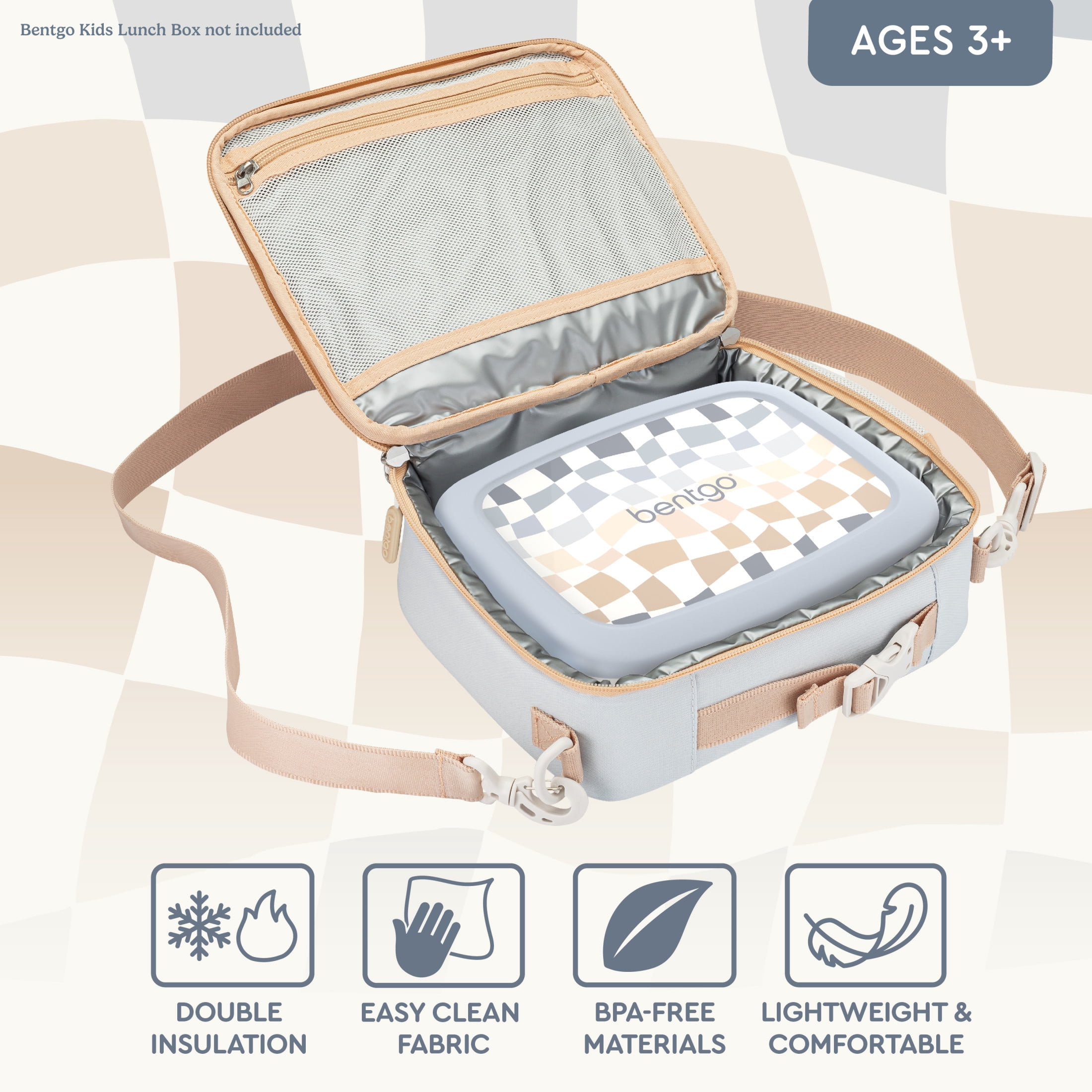Bentgo Kids Lunch Bag (Whimsy & Wonder Collection) - Durable, Double-Insulated Lunch Bag for Kids 3+; Holds Lunch Box/Water Bottle/Snacks; Water-Resistant Fabric & Zip Pockets (Checker Gradient)