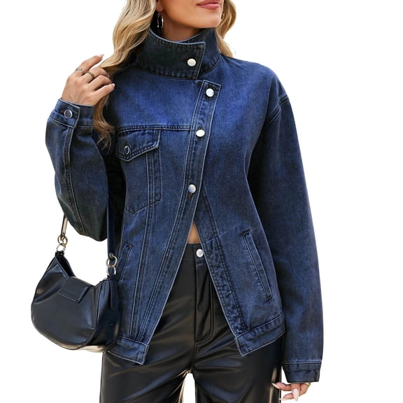 Women's Oversized Jean Jacket Vintage Washed High Neck Denim Jacket Asymmetrical Button Down Street Style Coat, M