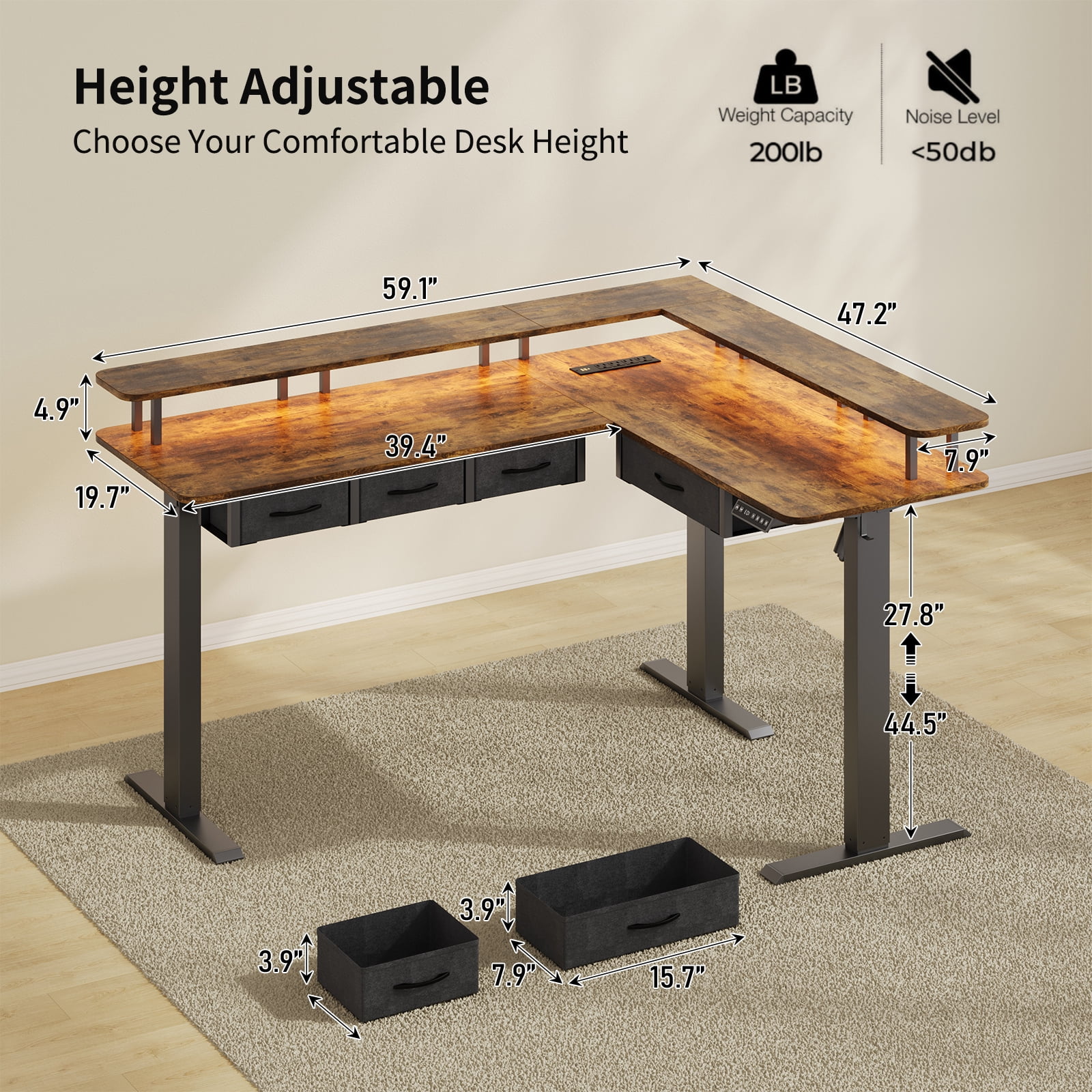 59-inch height-adjustable office desk, L-shaped electric standing desk, equipped with 4 storage drawers, featuring RGB lighting and power socket, corner computer desk, equipped with monitor stand