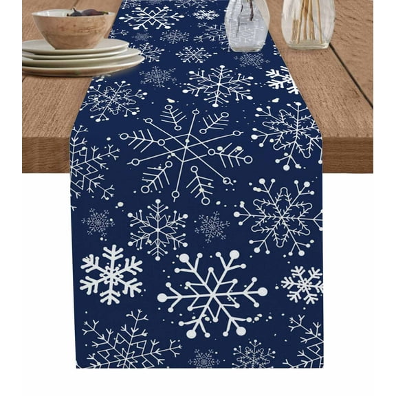 Navy Blue Snowflake Christmas Table Runner 72 Inches, Xmas Snowflake Bed Runner Dresser Scarves Tabletop for Indoor Outdoor Parties/Ceremony/Banquet, 18" x 72"