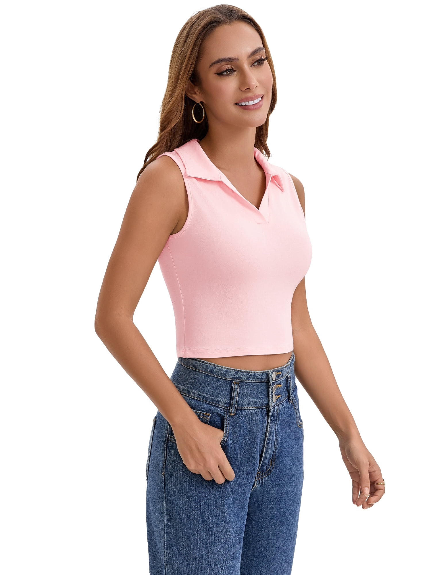 DARING DIVA Women's Cropped Sleeveless Golf Polo Shirt with V Neck and Slim Fit M Pink