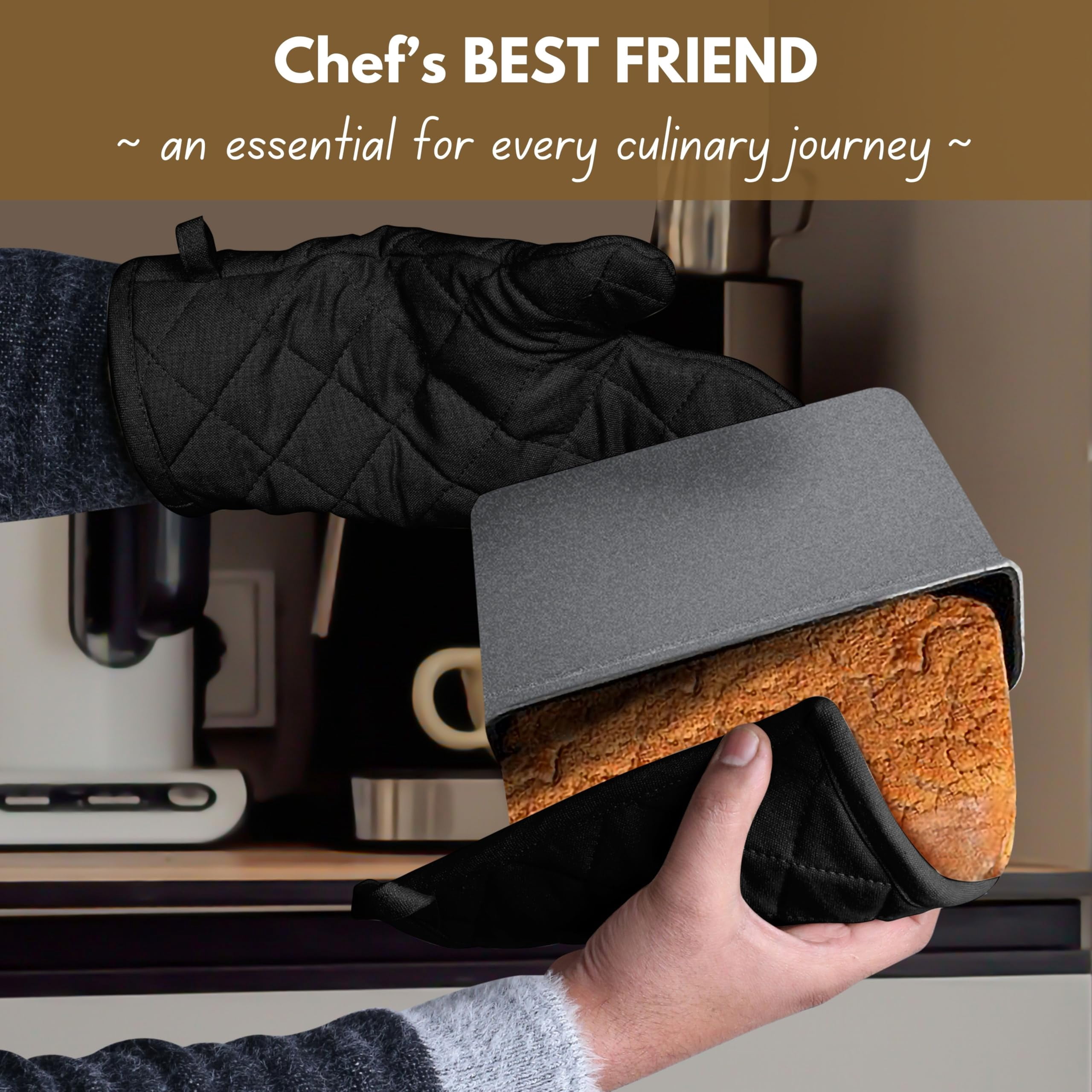 Native Fab 100% Cotton Oven Mitts & Pot Holders for Baking Cooking Hot Pans - 4 Pack - Black