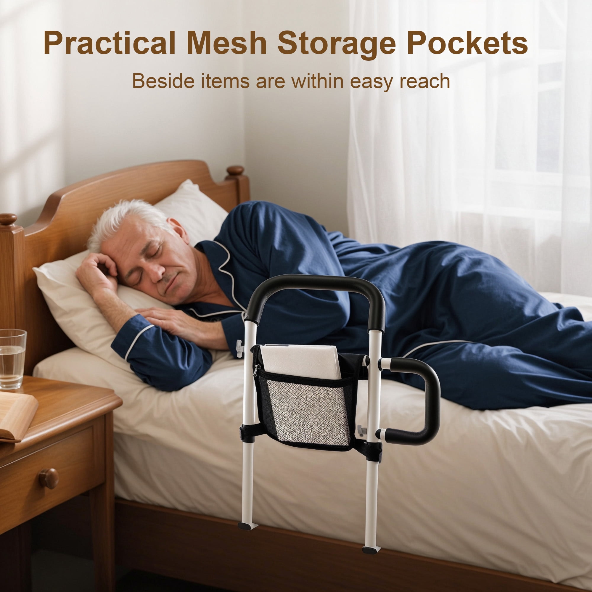 ALLJOY Bed Rails for Elderly Adults Safety- Bed Assist Rail for Seniors with Double Grab Bars, Light, Storage Bag & Fixing Strap, Fits Most Beds