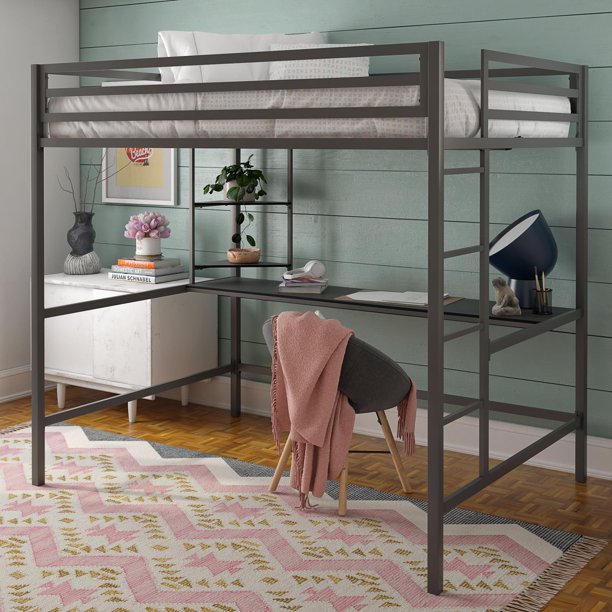 Novogratz Maxwell Metal Full Loft Bed with Desk & Shelves, Gray/ Black