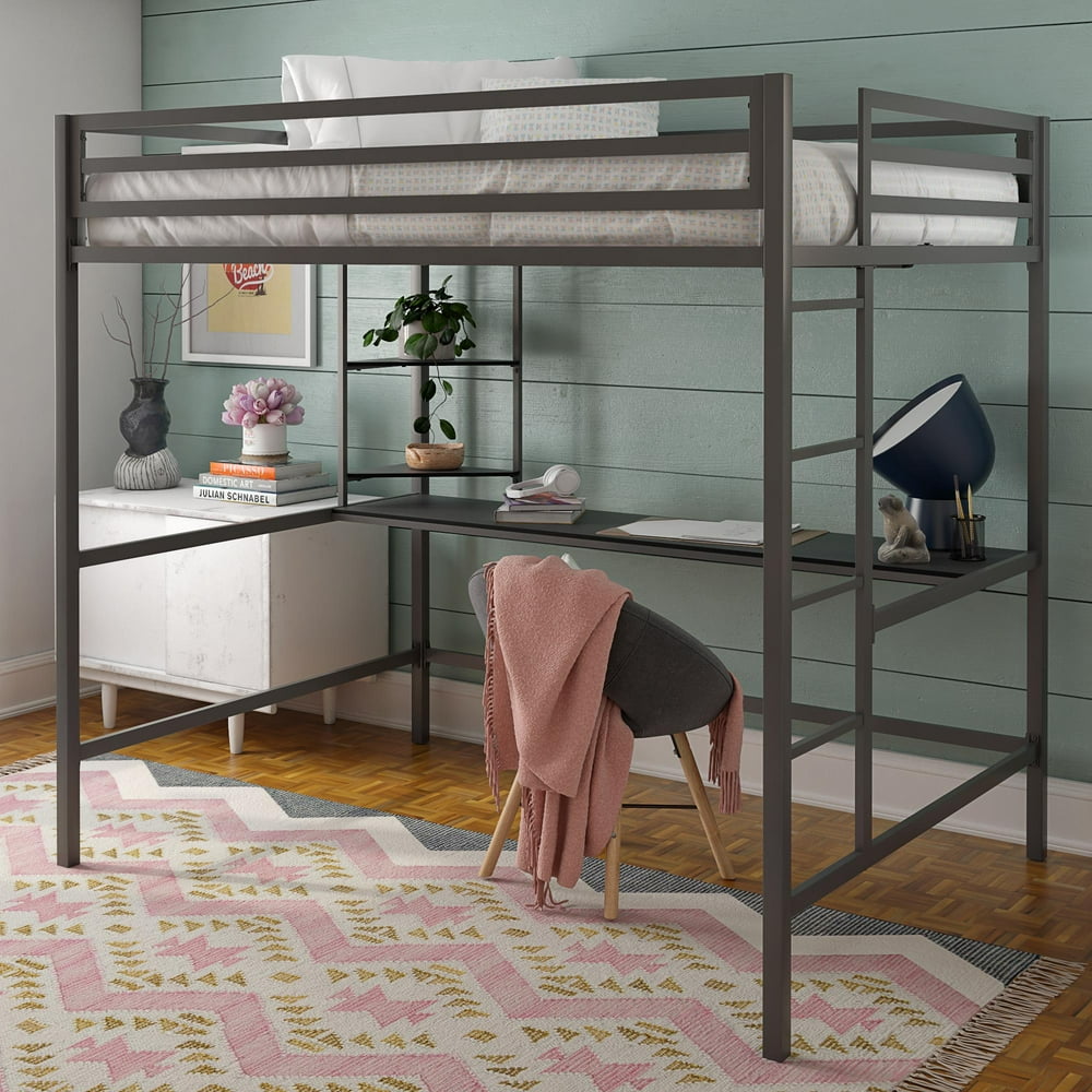 Novogratz Maxwell Metal Full Loft Bed with Desk & Shelves, Gray/ Black