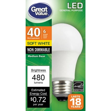 Great Value General Purpose LED Light Bulbs, 6W (40W Equivalent), Soft White, Non Dimmable, 1 Count