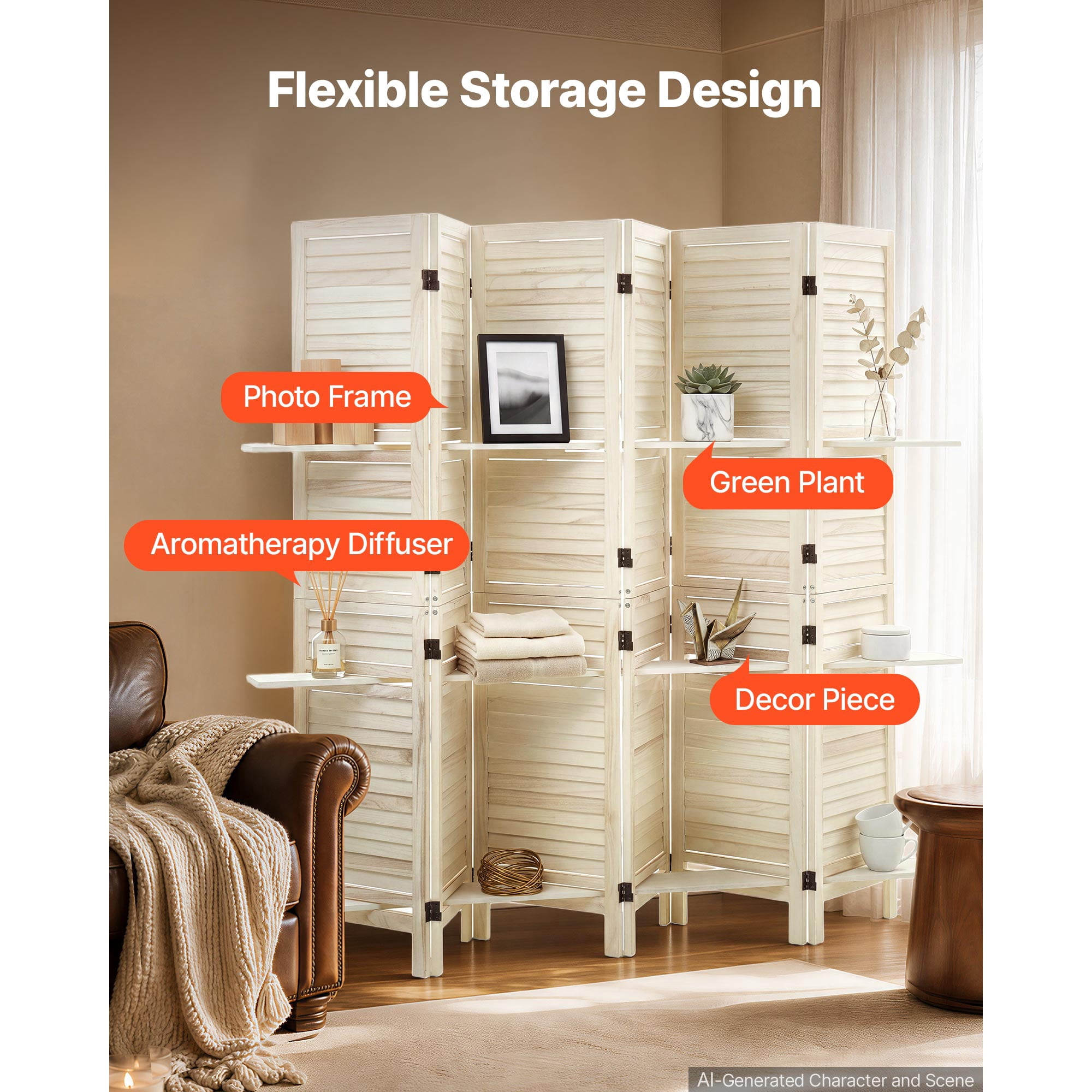 KFFKFF 6-Panel Wooden Room Divider with Shelves, Folding Privacy Screen for Home Decoration and Space Separation, 67.1 Inches Tall, Durable Frame,Two-Way Hinges,Louvered Design with Included Hardware