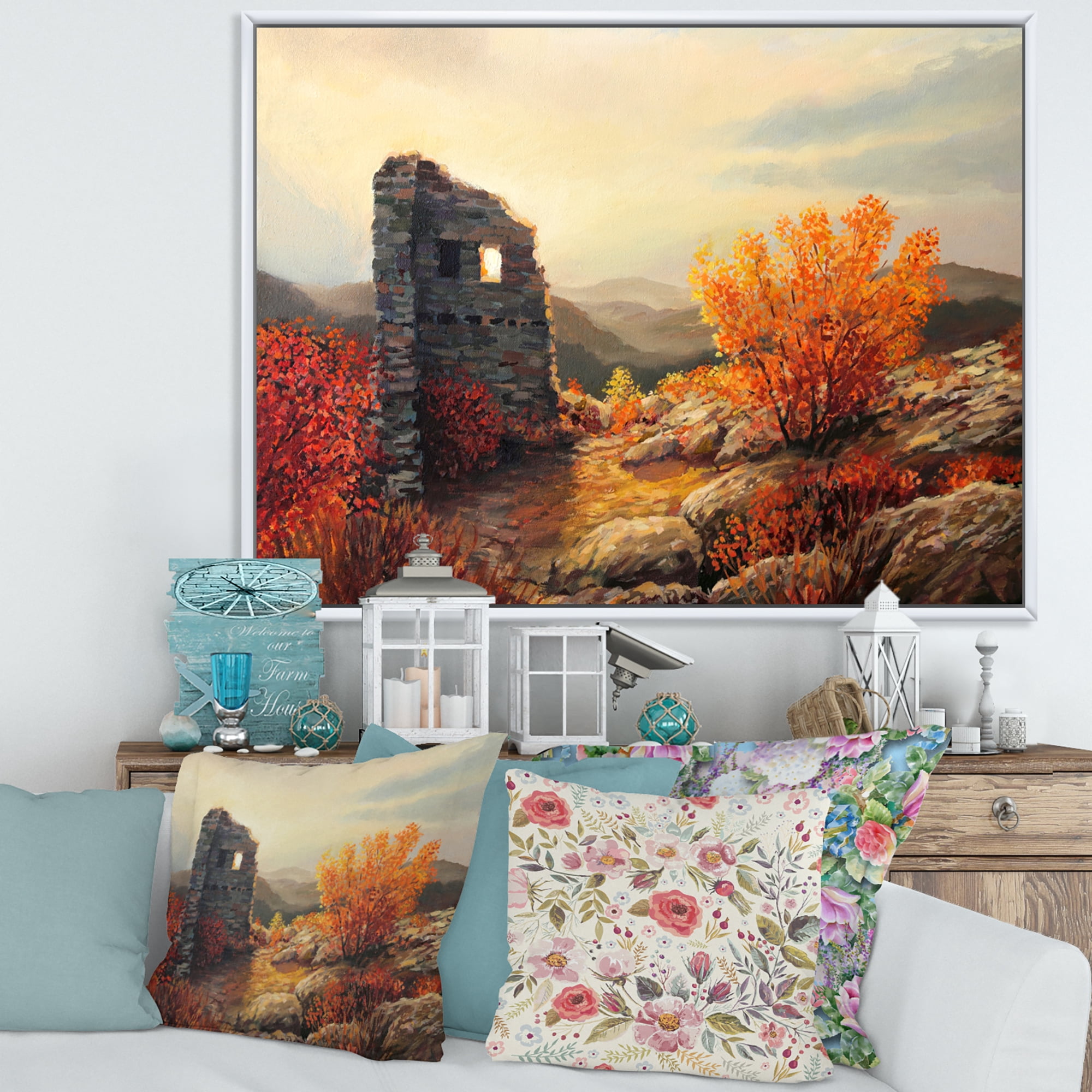 Designart 'Sunset Over Old Fortress Ruins' Farmhouse Framed Canvas Wall Art Print