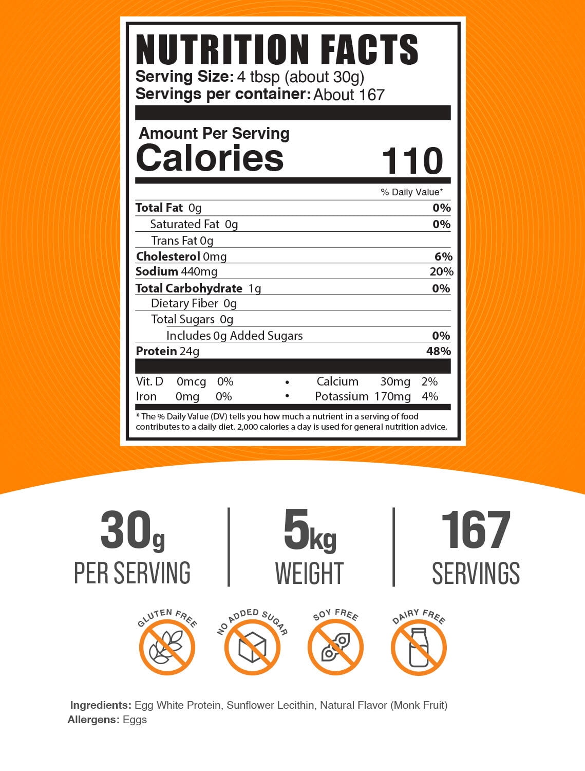 BulkSupplements Egg White Protein Powder - 30g per Serving - 5 Kilograms (11 lbs) - 170 Servings
