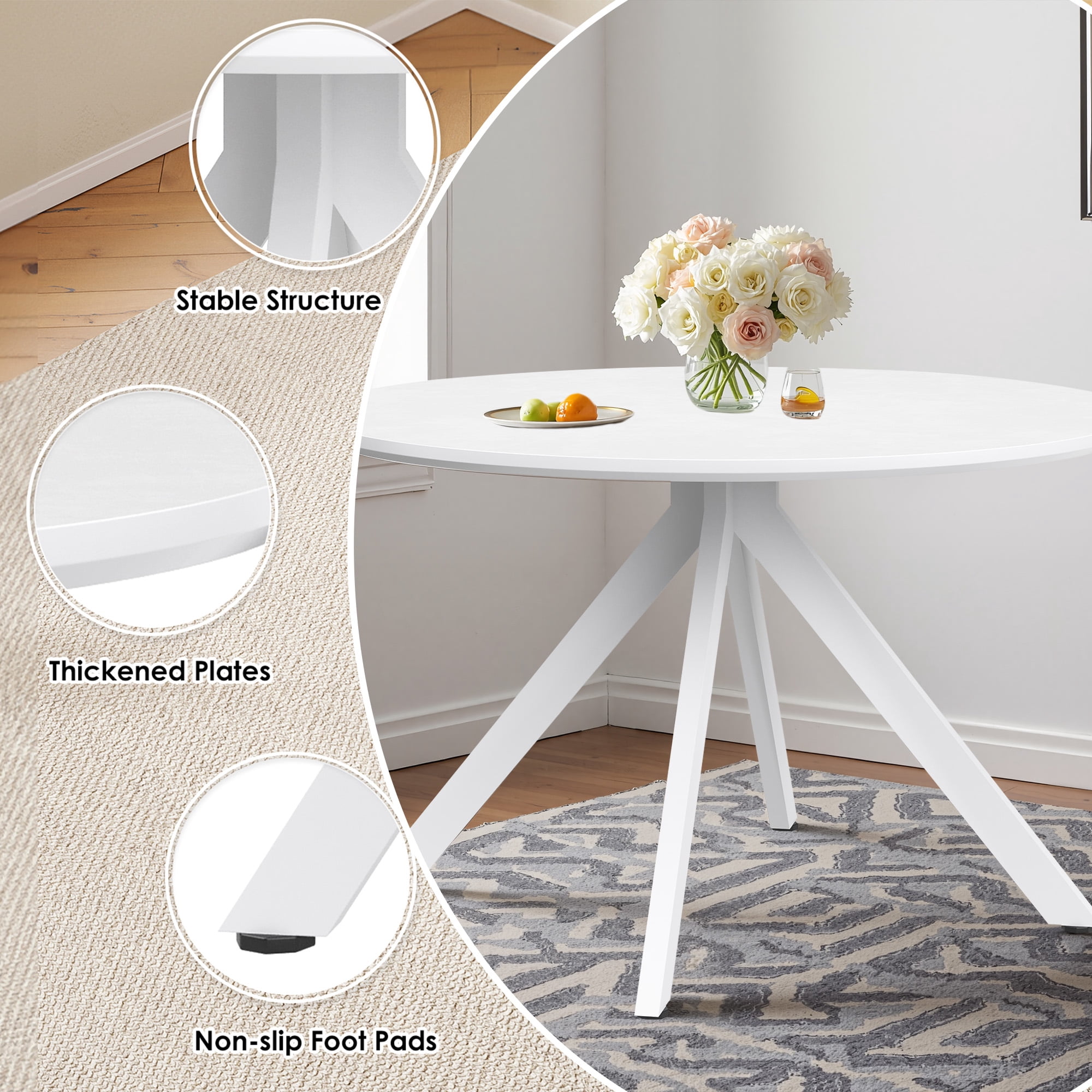MAYEERTY 47"Round Wooden Dining Table, Metal Frame, Fits 4-6,for Kitchen, Dining, Living Room, White