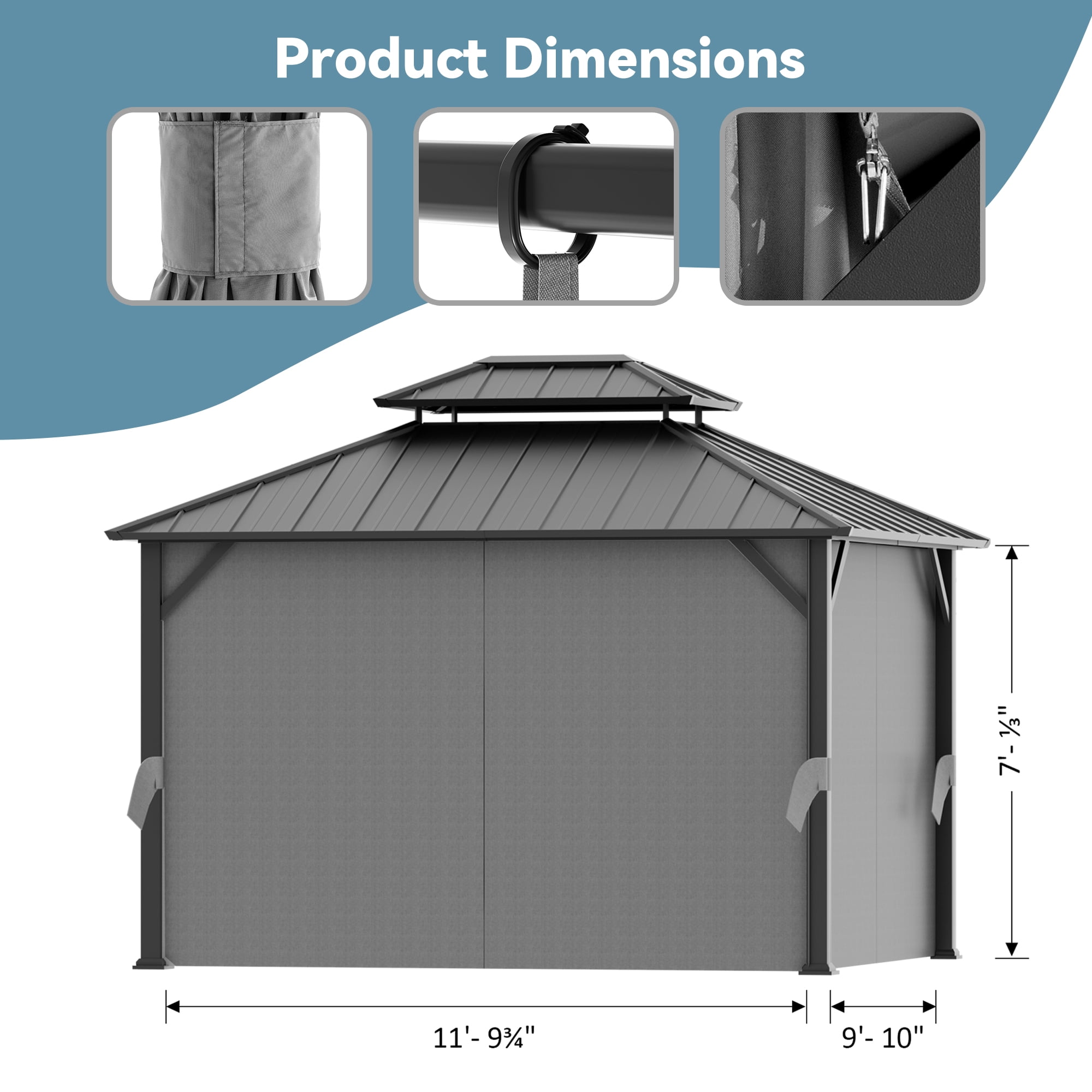Covered Outdoor Universal 10'x12' Gazebo Curtain Replacement 4 Panel Zippered Grey Sidewalls