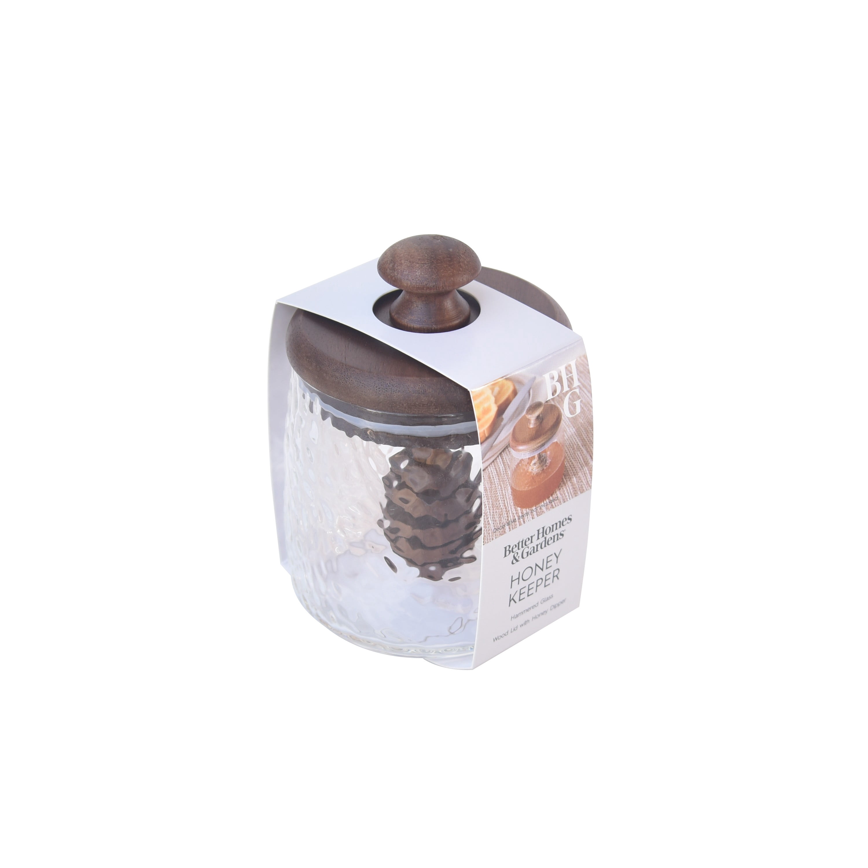 Better Homes & Gardens Hammered Glass & Acacia Honey Keeper, 6 oz Jar with Lid and Honey Dipper, 3 Piece Set, Made for Pantry Jar Storage and Display