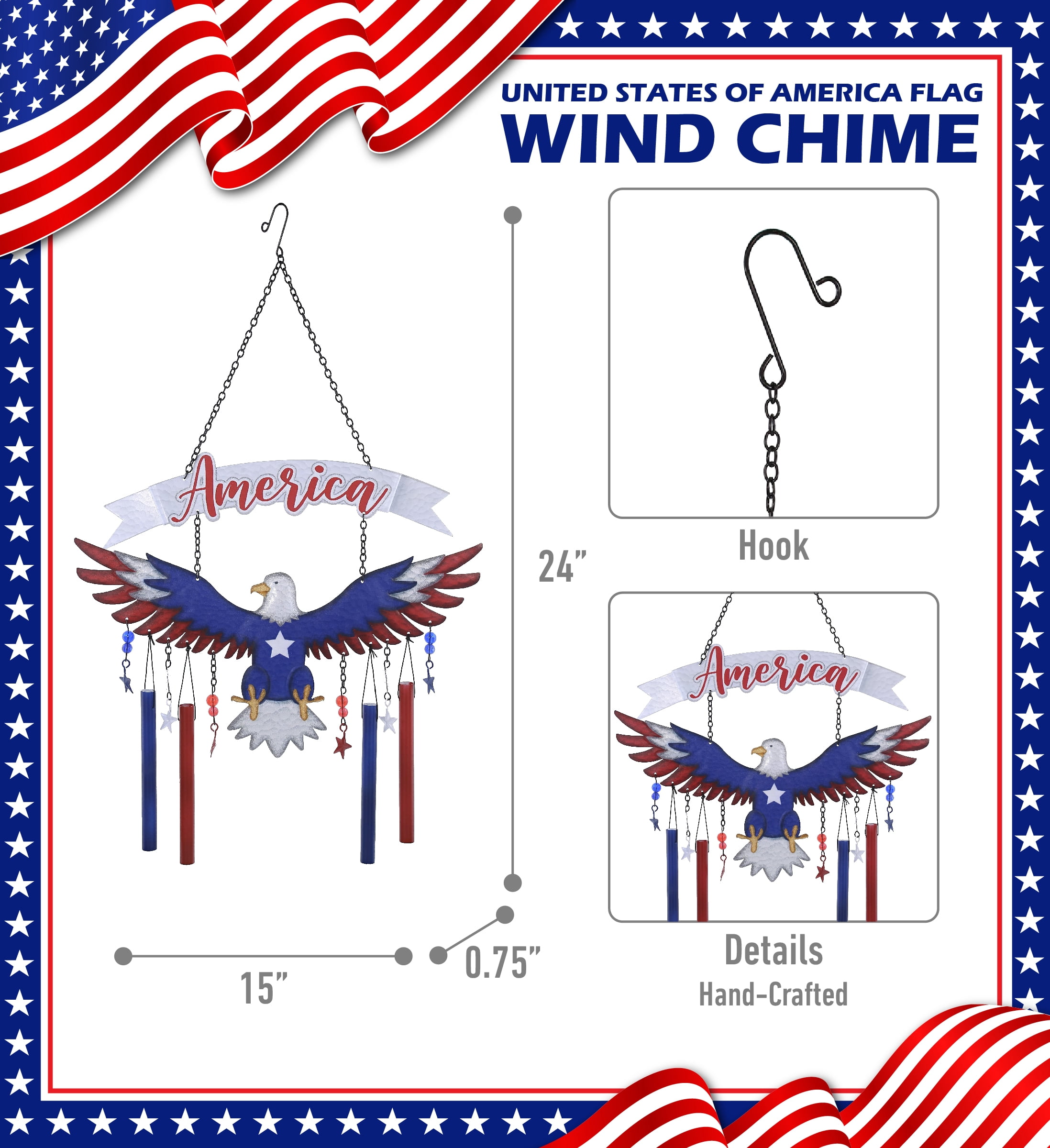 CoTa Global American Eagle Wind Chime - American Eagle Patriotic Indoor or Outdoor Windchime Home Decor with Hanging Bells, Handcrafted Glass and Metal Wind Chimes for Yard, Garden, Porch - 24 Inches